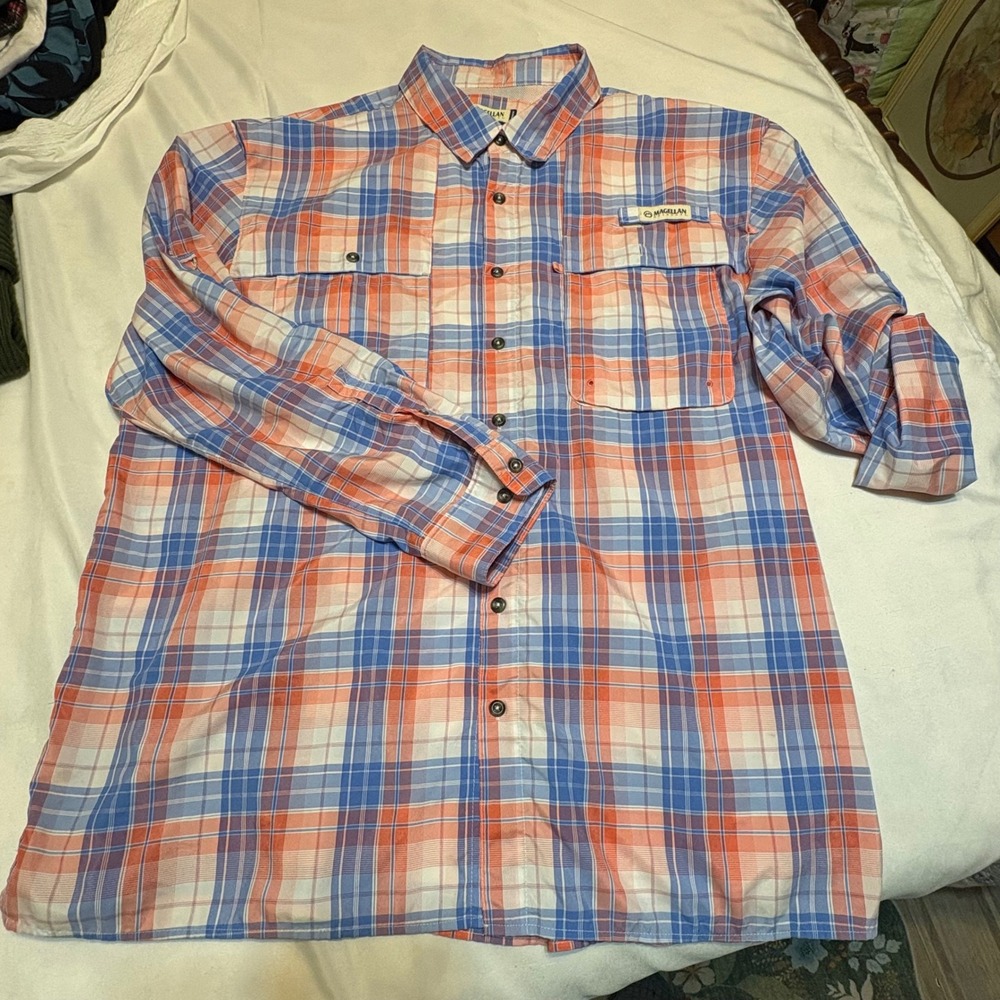 Magellan Outdoors Fish Gear Mens 2XL Plaid Long Sleeve Fishing Shirt Orange Blue